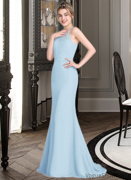 Vera Trumpet/Mermaid Scoop Neck Sweep Train Chiffon Tulle Bridesmaid Dress With Ruffle DLP0013194