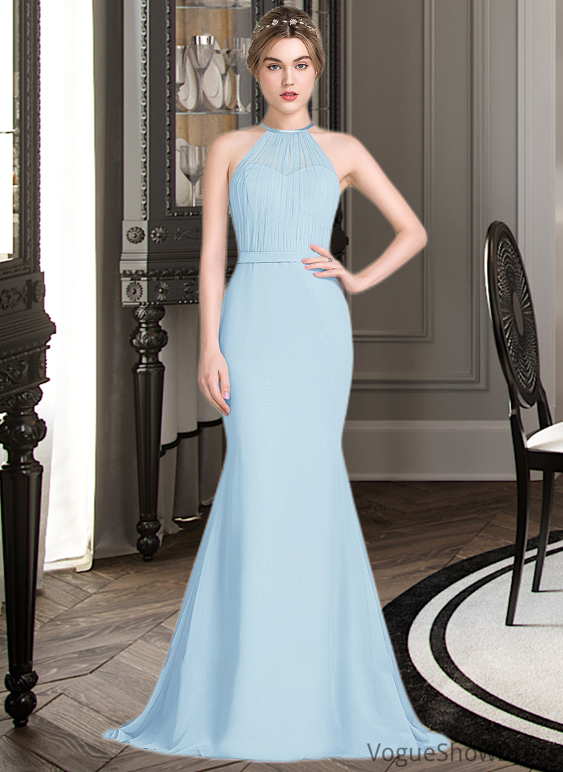 Vera Trumpet/Mermaid Scoop Neck Sweep Train Chiffon Tulle Bridesmaid Dress With Ruffle DLP0013194