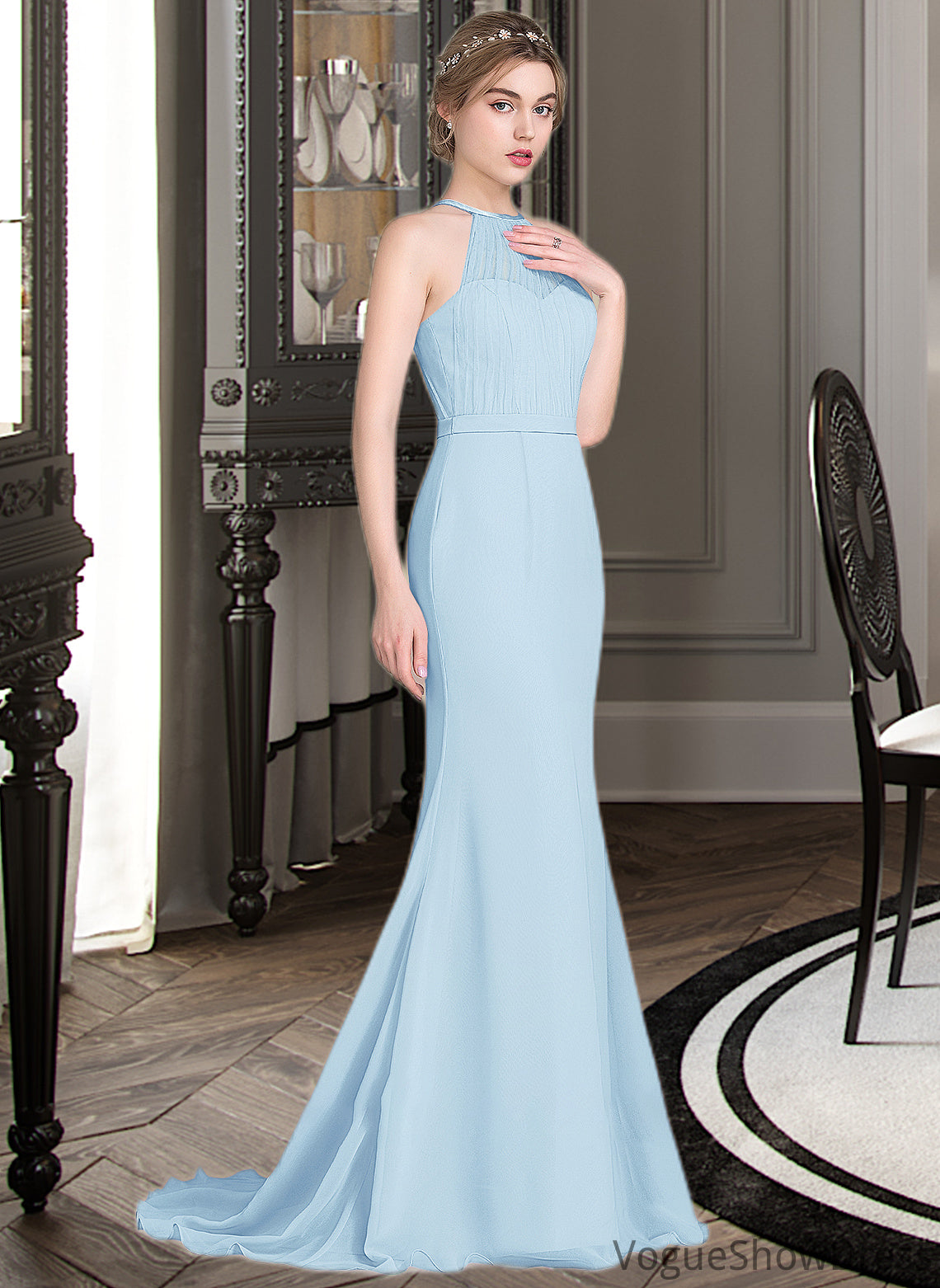 Vera Trumpet/Mermaid Scoop Neck Sweep Train Chiffon Tulle Bridesmaid Dress With Ruffle DLP0013194