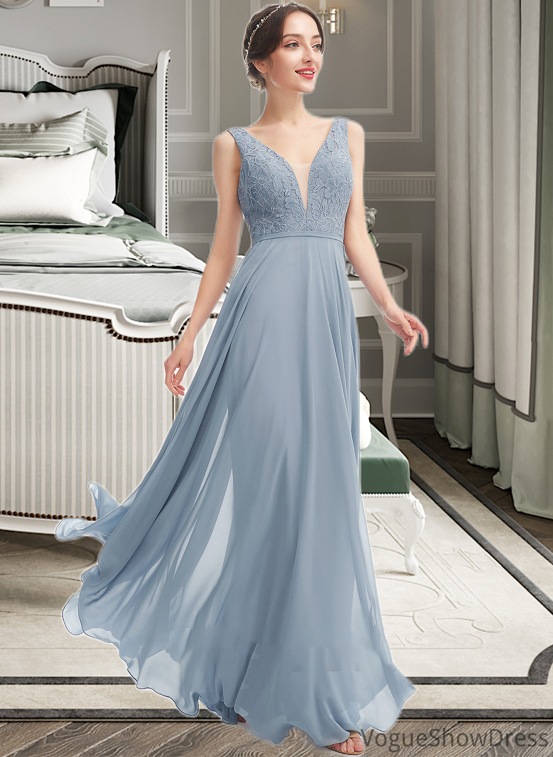 Sydney A-Line V-neck Floor-Length Bridesmaid Dress DLP0013199