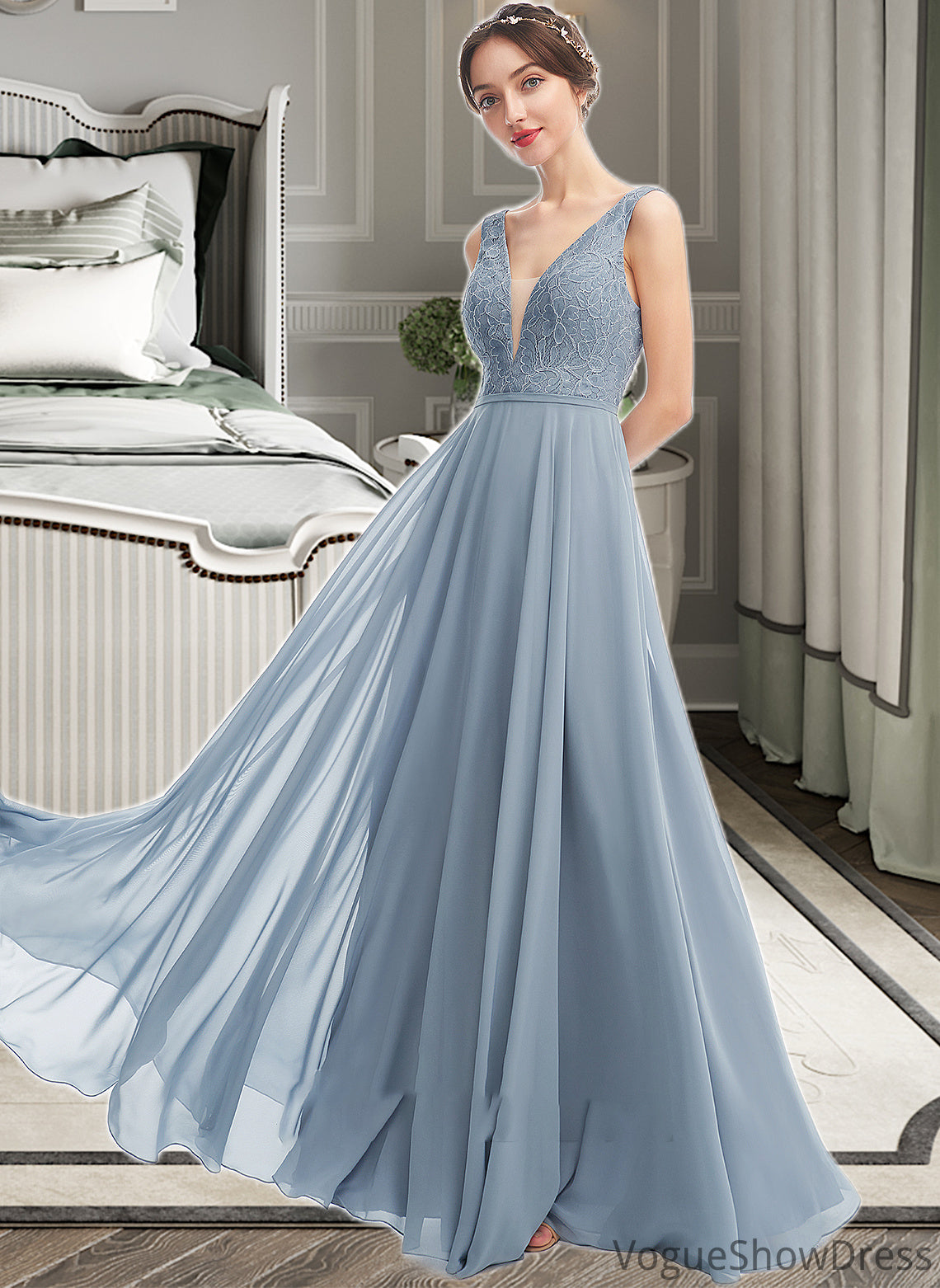 Sydney A-Line V-neck Floor-Length Bridesmaid Dress DLP0013199