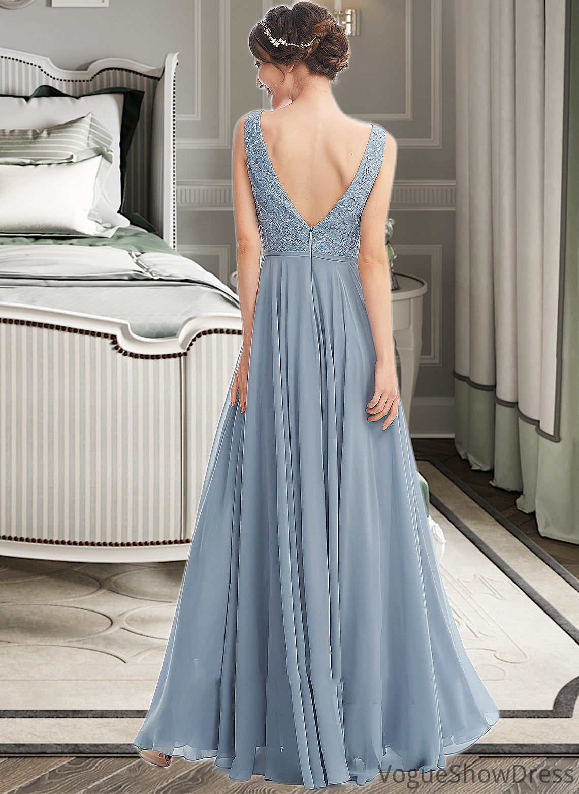 Sydney A-Line V-neck Floor-Length Bridesmaid Dress DLP0013199