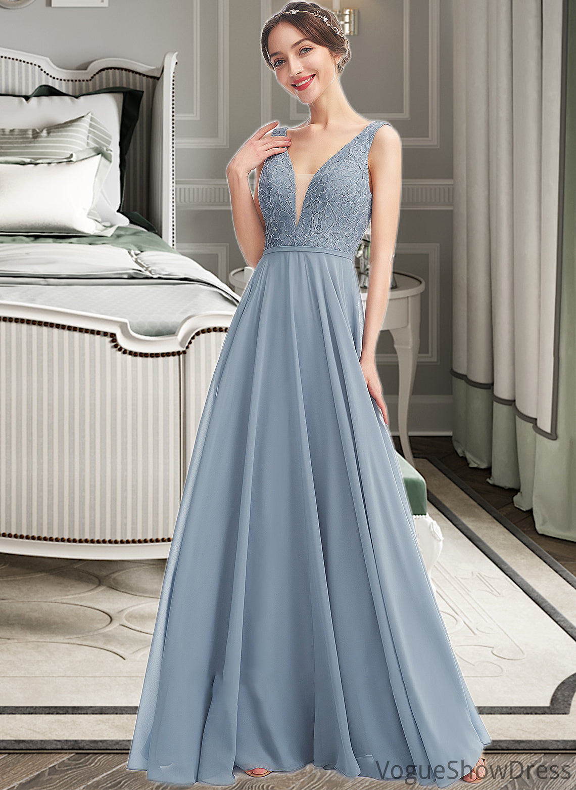 Sydney A-Line V-neck Floor-Length Bridesmaid Dress DLP0013199