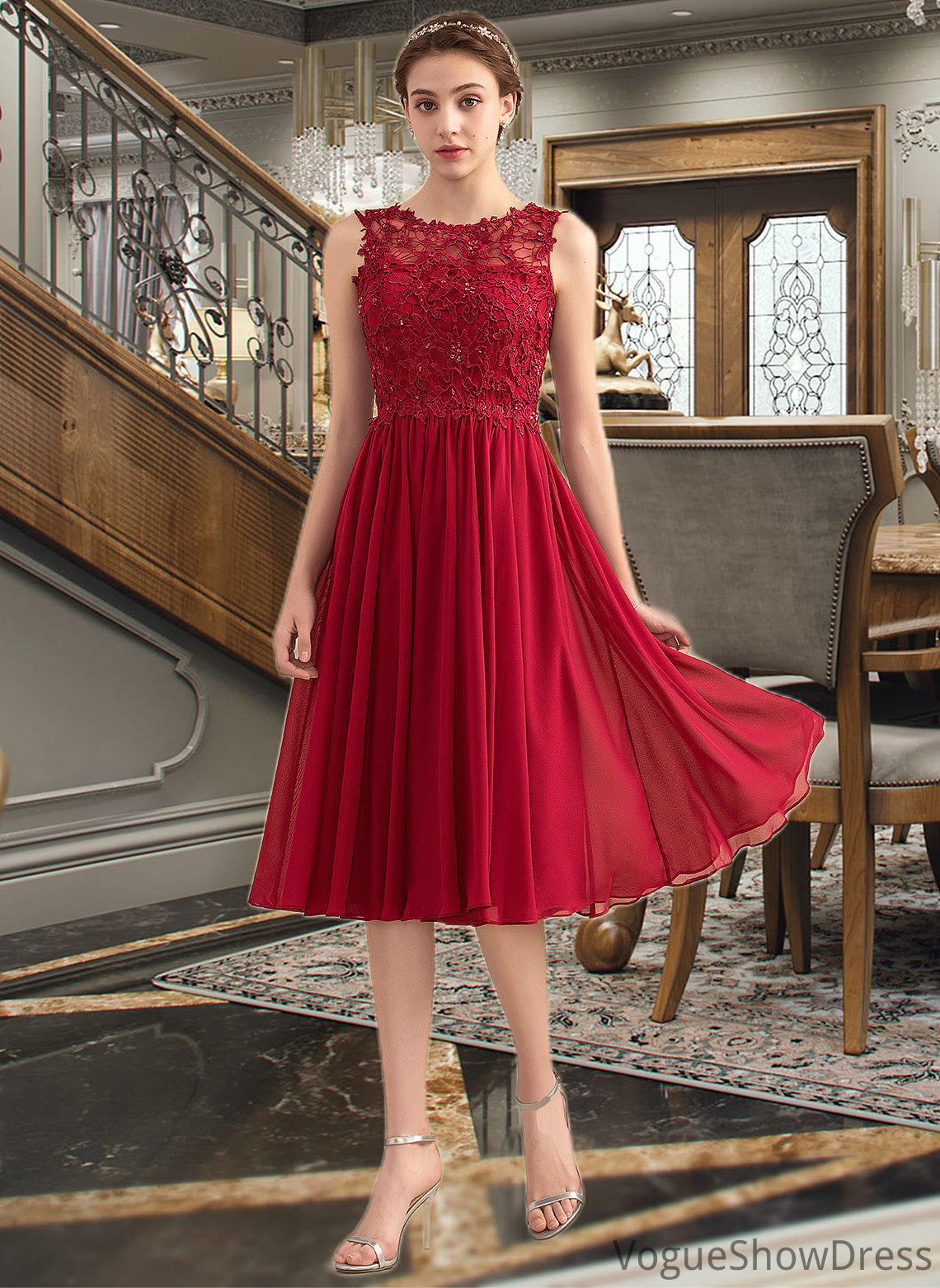 Valery A-Line Scoop Neck Knee-Length Chiffon Lace Bridesmaid Dress With Beading Sequins DLP0013208