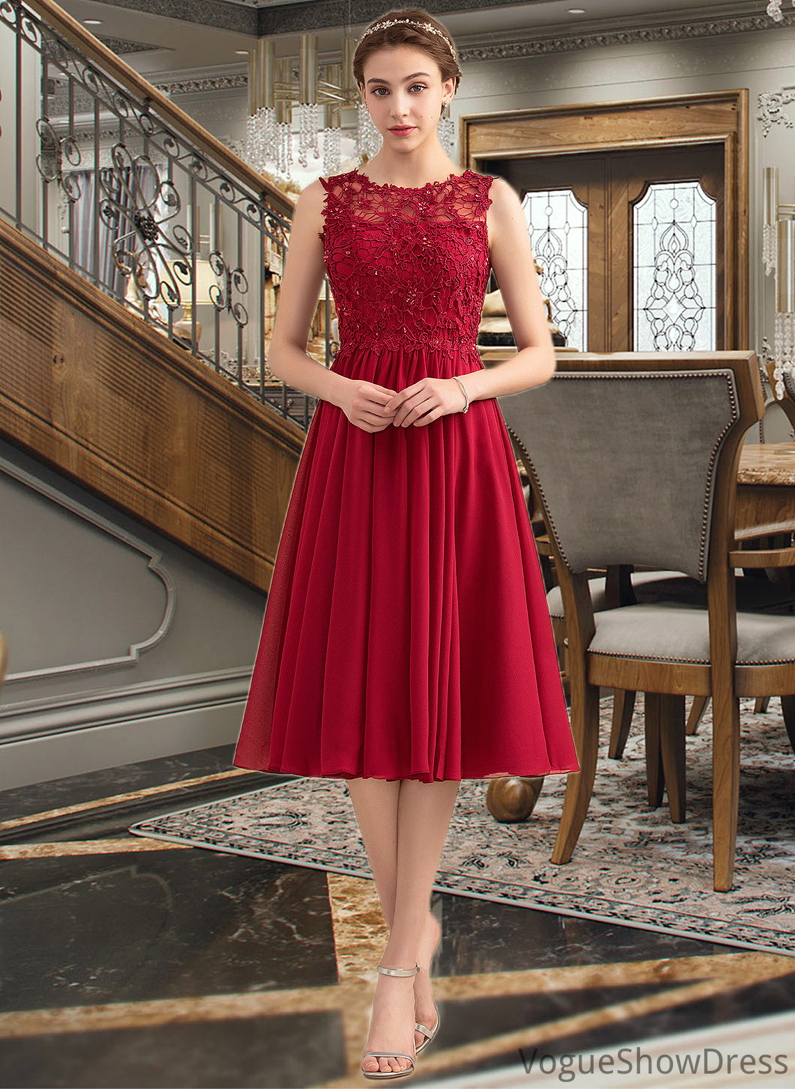 Valery A-Line Scoop Neck Knee-Length Chiffon Lace Bridesmaid Dress With Beading Sequins DLP0013208