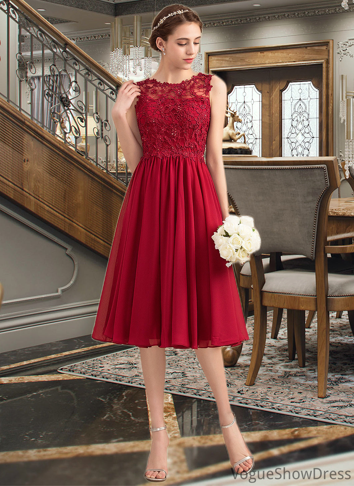 Valery A-Line Scoop Neck Knee-Length Chiffon Lace Bridesmaid Dress With Beading Sequins DLP0013208