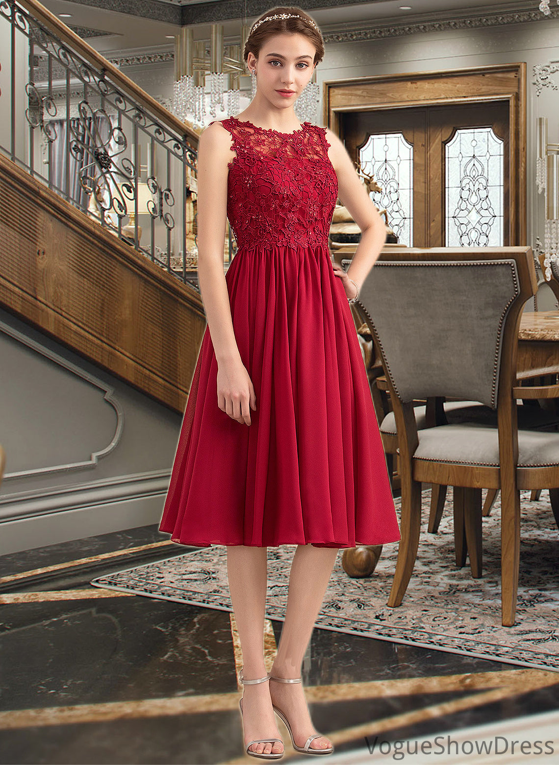 Valery A-Line Scoop Neck Knee-Length Chiffon Lace Bridesmaid Dress With Beading Sequins DLP0013208