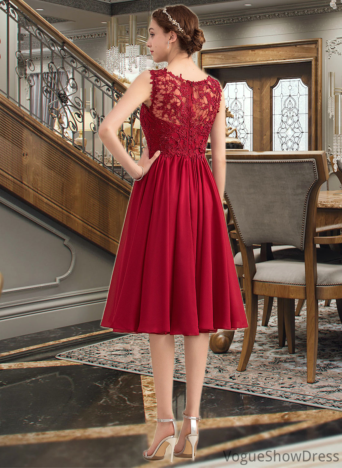 Valery A-Line Scoop Neck Knee-Length Chiffon Lace Bridesmaid Dress With Beading Sequins DLP0013208