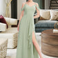 Summer A-Line V-neck Floor-Length Bridesmaid Dress With Ruffle Split Front DLP0013213