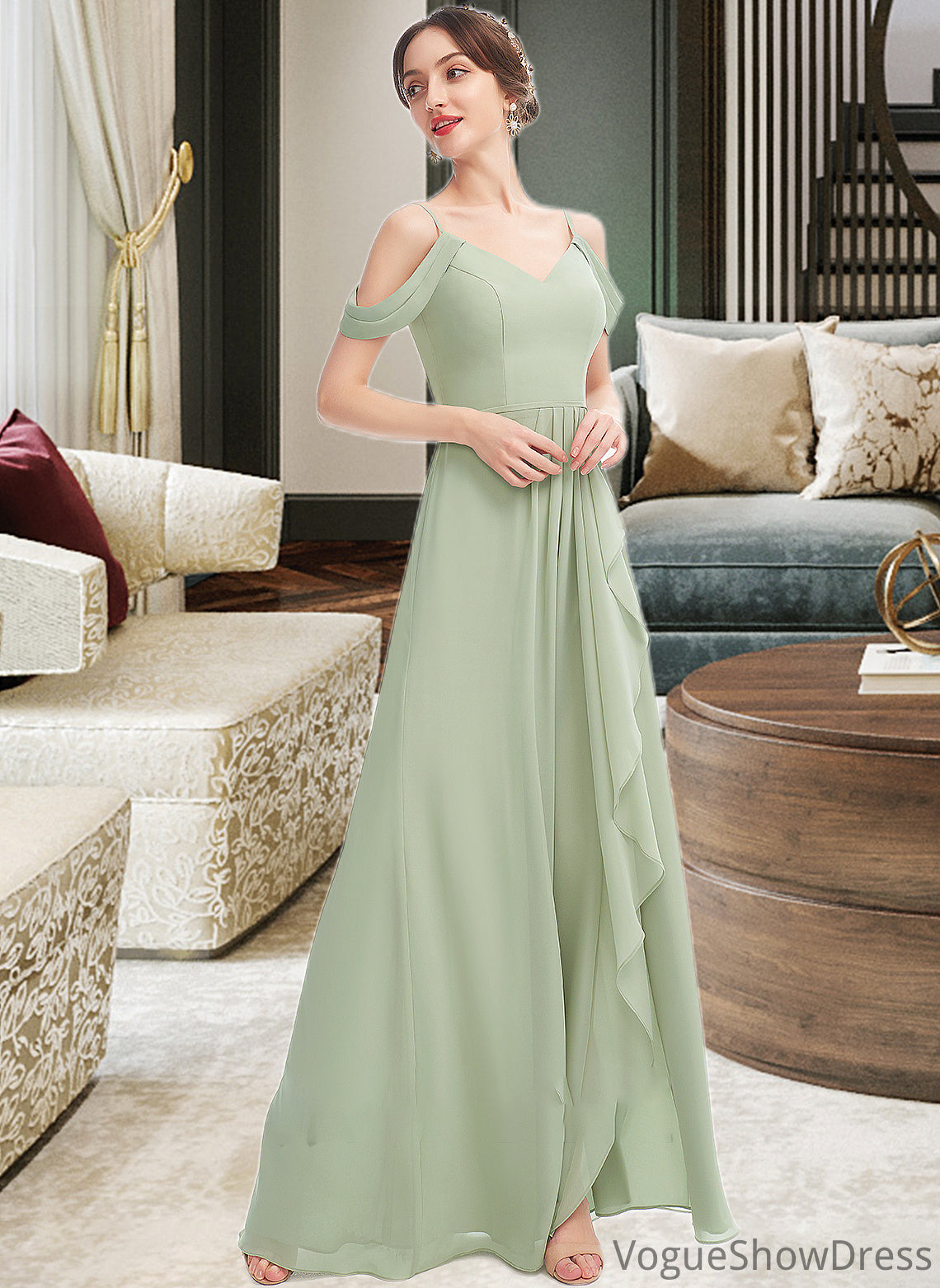 Summer A-Line V-neck Floor-Length Bridesmaid Dress With Ruffle Split Front DLP0013213