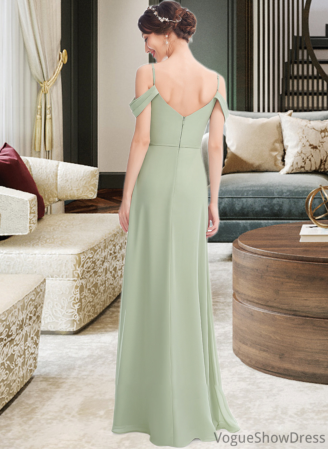 Summer A-Line V-neck Floor-Length Bridesmaid Dress With Ruffle Split Front DLP0013213