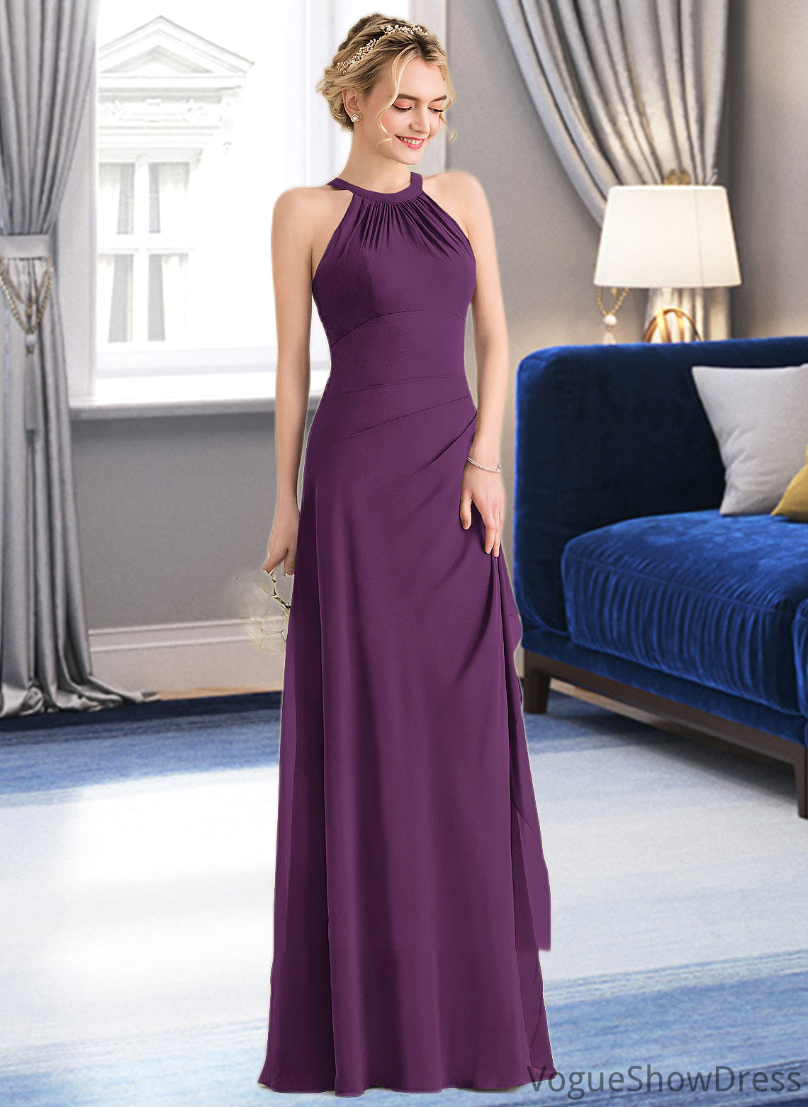 Undine A-Line Scoop Neck Floor-Length Chiffon Bridesmaid Dress With Cascading Ruffles DLP0013228