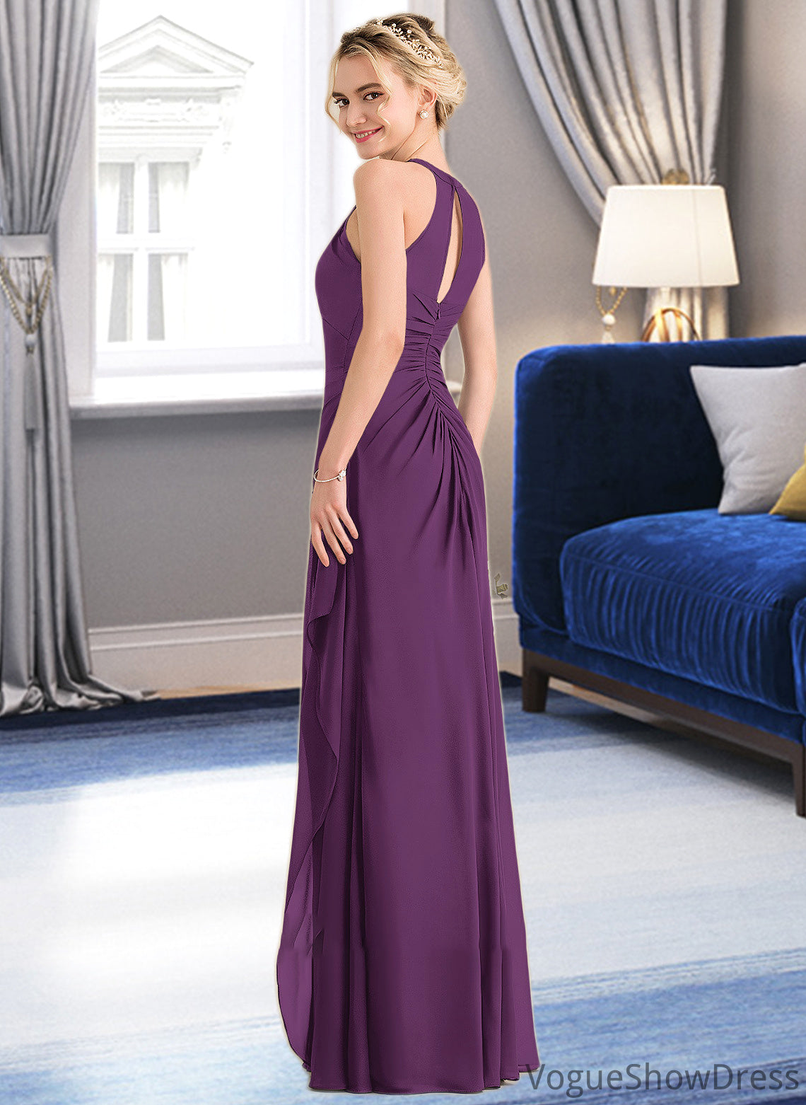 Undine A-Line Scoop Neck Floor-Length Chiffon Bridesmaid Dress With Cascading Ruffles DLP0013228