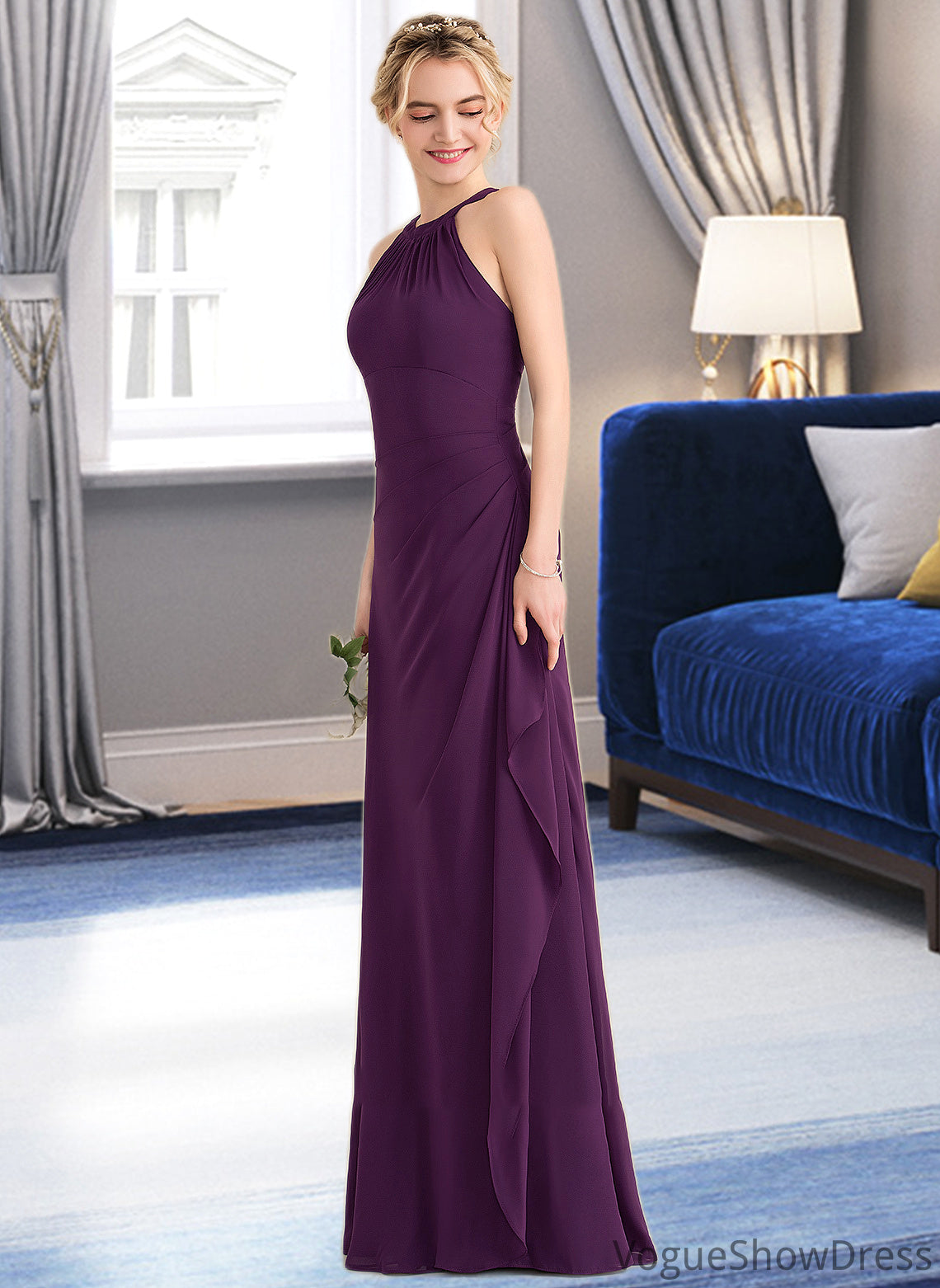 Undine A-Line Scoop Neck Floor-Length Chiffon Bridesmaid Dress With Cascading Ruffles DLP0013228