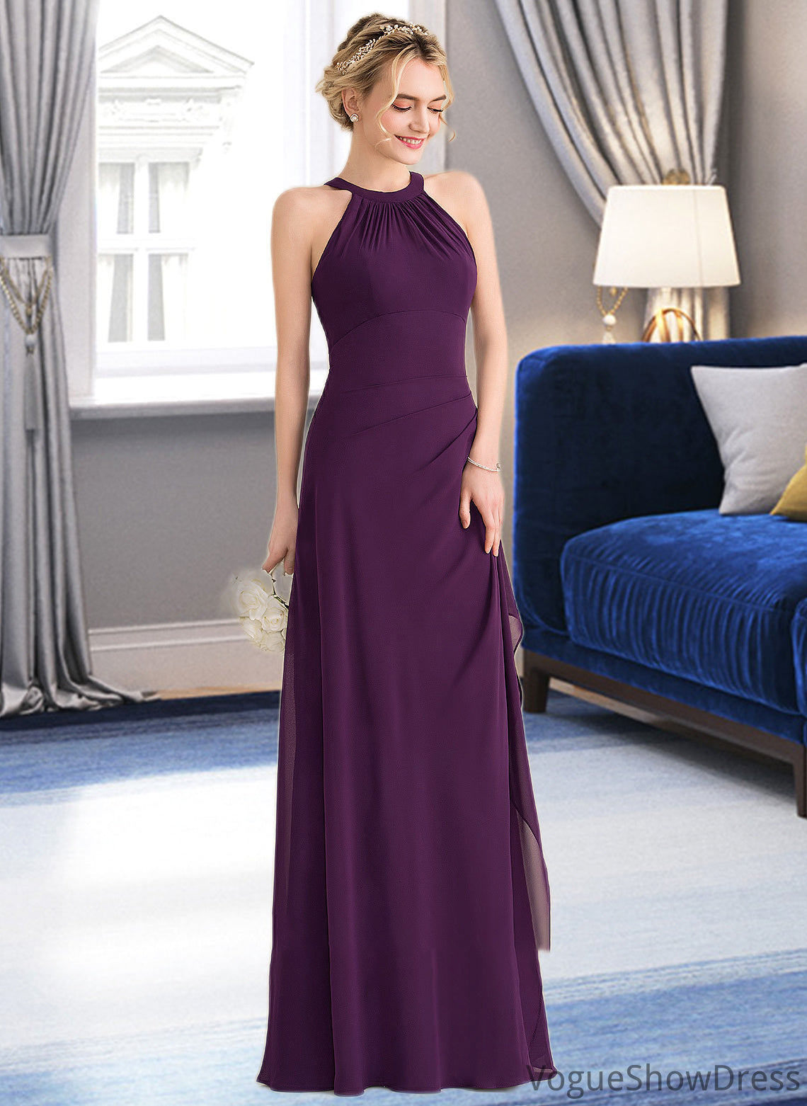 Undine A-Line Scoop Neck Floor-Length Chiffon Bridesmaid Dress With Cascading Ruffles DLP0013228