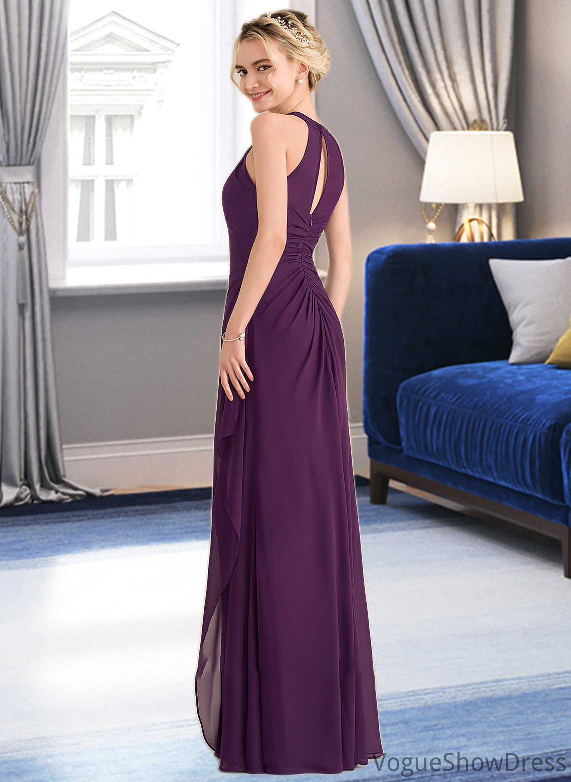 Undine A-Line Scoop Neck Floor-Length Chiffon Bridesmaid Dress With Cascading Ruffles DLP0013228