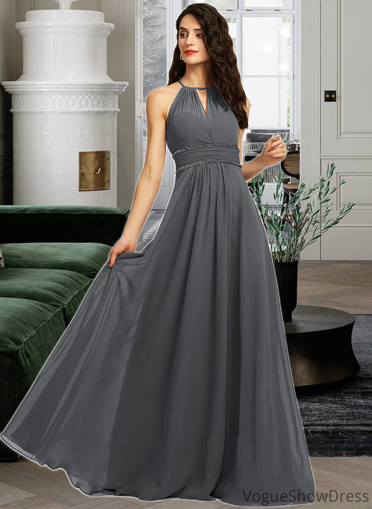 Uerica A-Line Halter Floor-Length Chiffon Bridesmaid Dress With Ruffle Beading Sequins DLP0013232