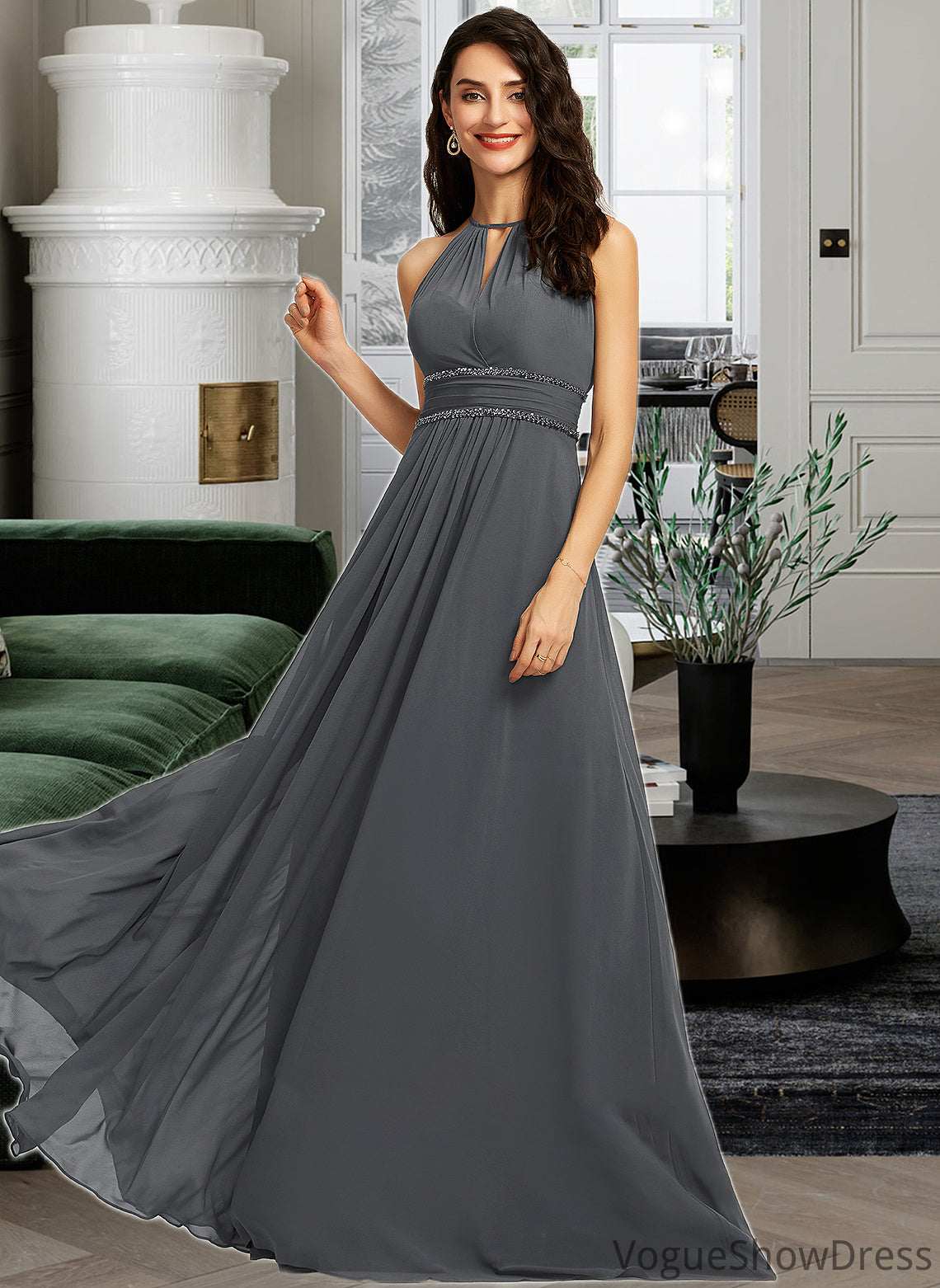 Uerica A-Line Halter Floor-Length Chiffon Bridesmaid Dress With Ruffle Beading Sequins DLP0013232