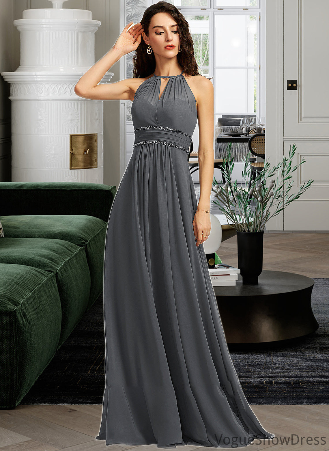 Uerica A-Line Halter Floor-Length Chiffon Bridesmaid Dress With Ruffle Beading Sequins DLP0013232