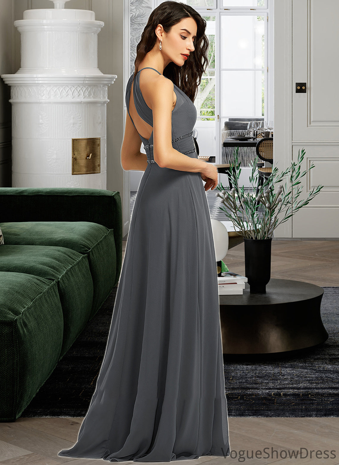 Uerica A-Line Halter Floor-Length Chiffon Bridesmaid Dress With Ruffle Beading Sequins DLP0013232