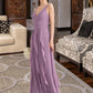 Tia A-Line V-neck Floor-Length Chiffon Bridesmaid Dress With Cascading Ruffles DLP0013261