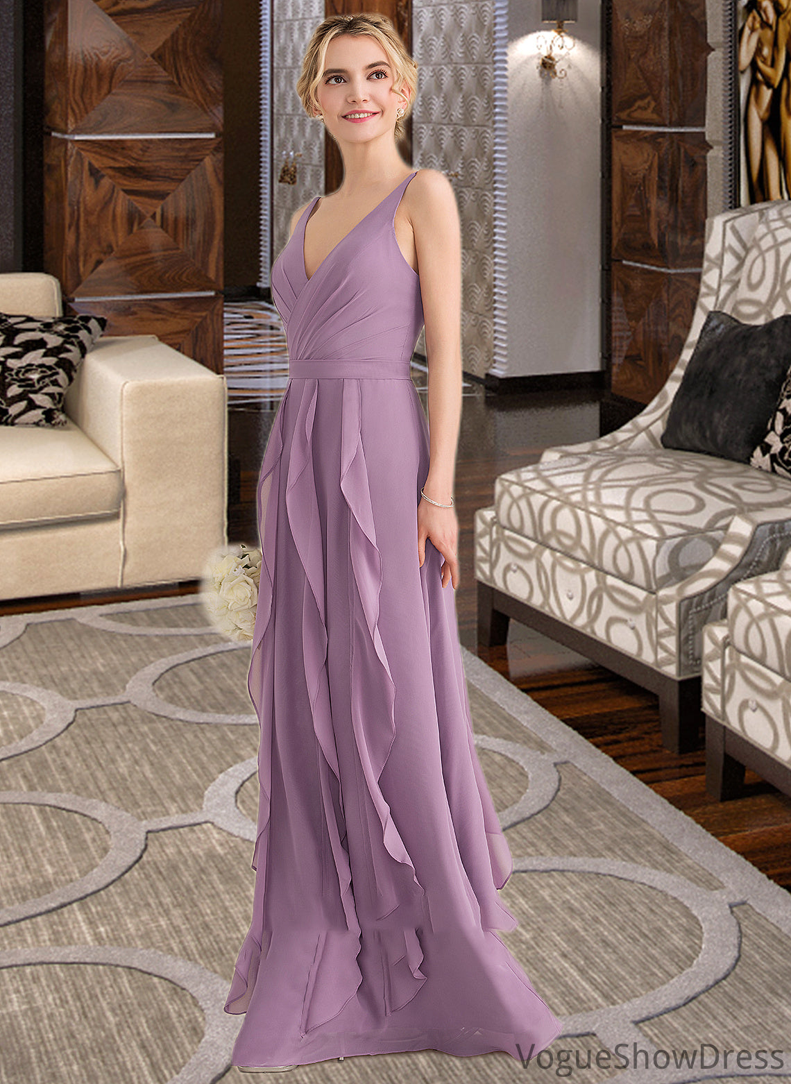 Tia A-Line V-neck Floor-Length Chiffon Bridesmaid Dress With Cascading Ruffles DLP0013261