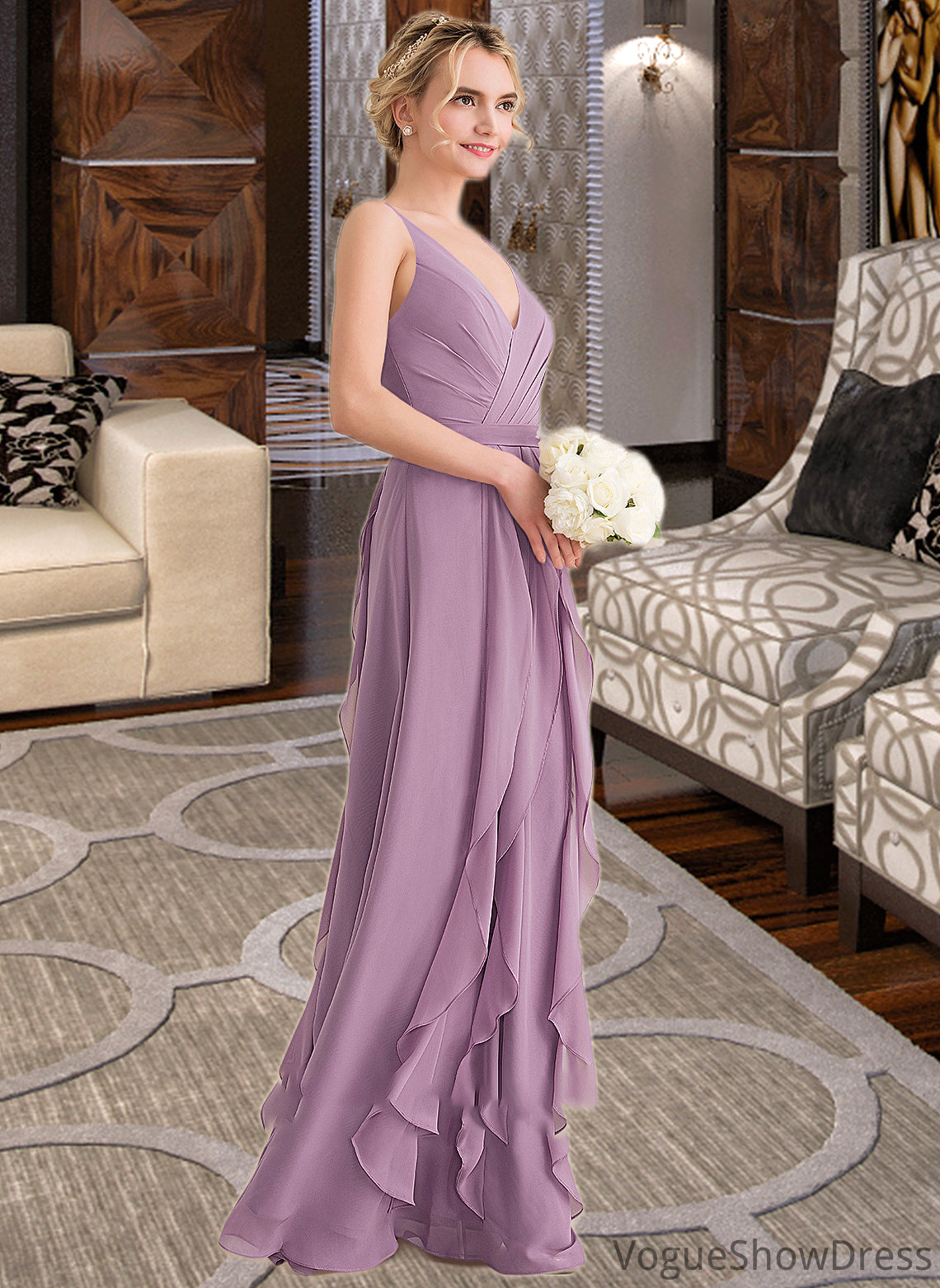 Tia A-Line V-neck Floor-Length Chiffon Bridesmaid Dress With Cascading Ruffles DLP0013261