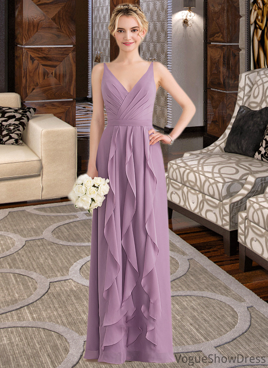 Tia A-Line V-neck Floor-Length Chiffon Bridesmaid Dress With Cascading Ruffles DLP0013261