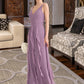 Tia A-Line V-neck Floor-Length Chiffon Bridesmaid Dress With Cascading Ruffles DLP0013261