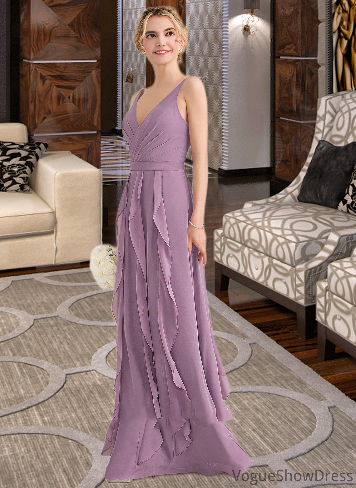 Tia A-Line V-neck Floor-Length Chiffon Bridesmaid Dress With Cascading Ruffles DLP0013261