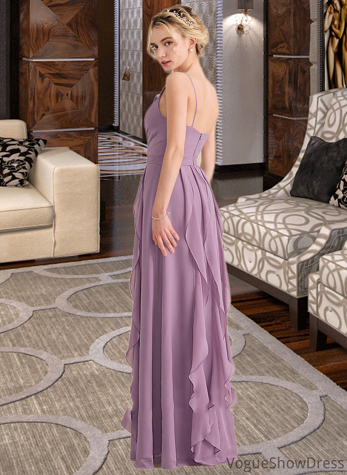 Tia A-Line V-neck Floor-Length Chiffon Bridesmaid Dress With Cascading Ruffles DLP0013261