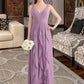 Tia A-Line V-neck Floor-Length Chiffon Bridesmaid Dress With Cascading Ruffles DLP0013261