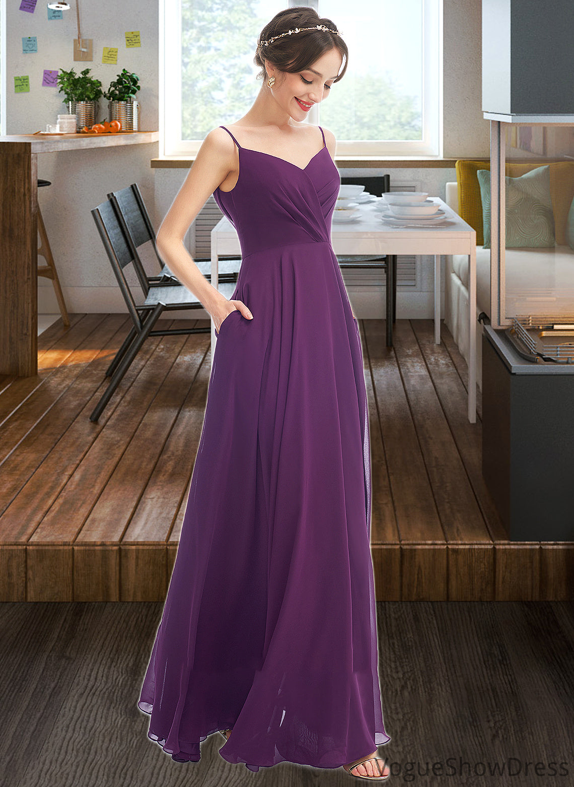 Tessa A-Line V-neck Floor-Length Bridesmaid Dress With Pockets DLP0013263