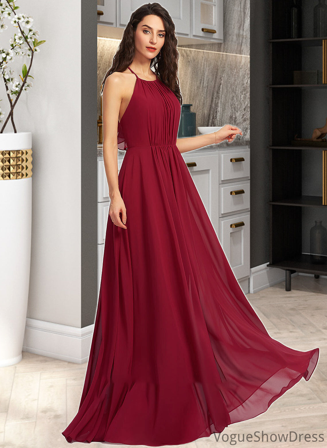 Valerie A-Line Scoop Neck Floor-Length Bridesmaid Dress With Ruffle DLP0013277