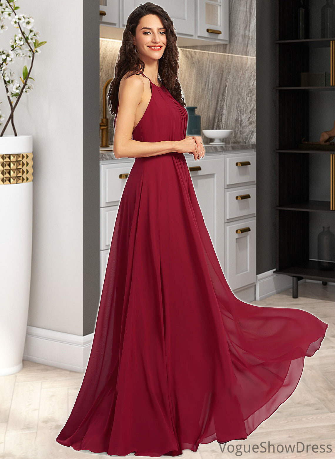 Valerie A-Line Scoop Neck Floor-Length Bridesmaid Dress With Ruffle DLP0013277