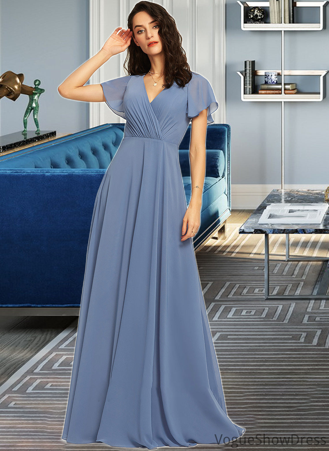 Zion A-Line V-neck Floor-Length Bridesmaid Dress With Lace DLP0013278