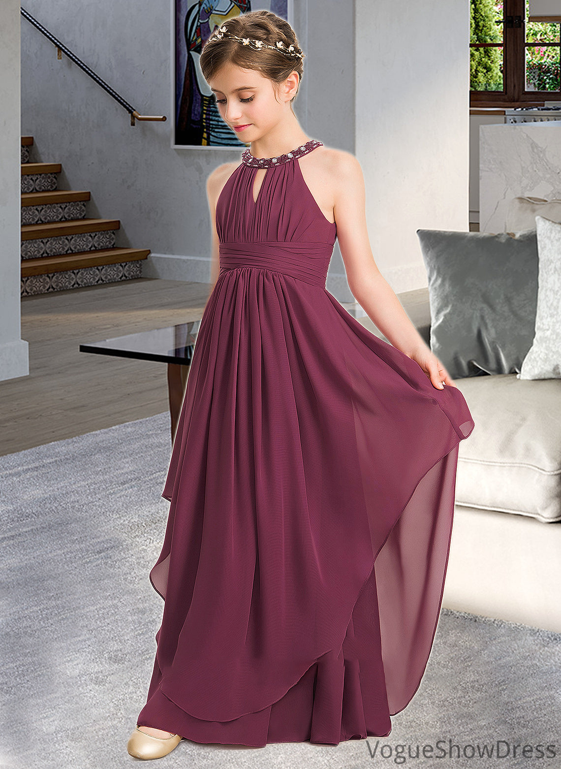 Zoie A-Line Scoop Neck Floor-Length Chiffon Junior Bridesmaid Dress With Ruffle Beading DLP0013313