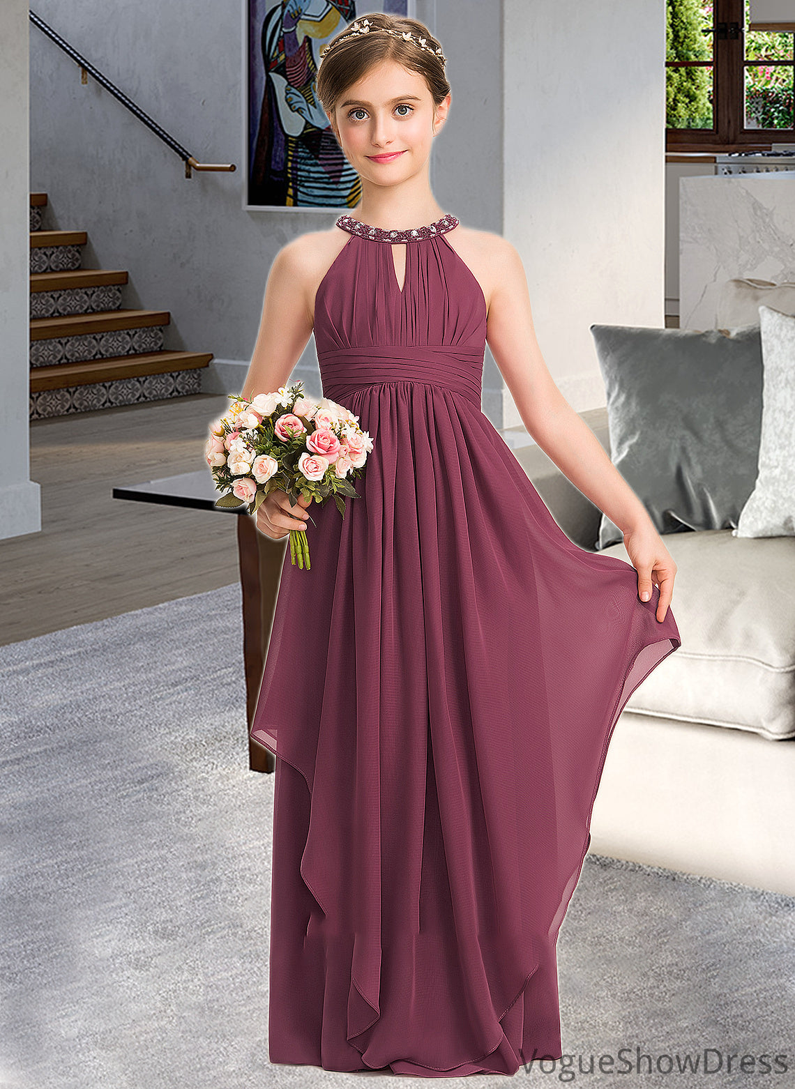 Zoie A-Line Scoop Neck Floor-Length Chiffon Junior Bridesmaid Dress With Ruffle Beading DLP0013313