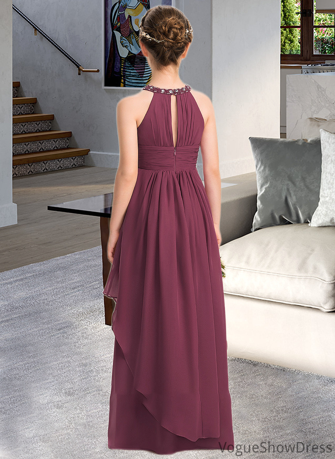 Zoie A-Line Scoop Neck Floor-Length Chiffon Junior Bridesmaid Dress With Ruffle Beading DLP0013313