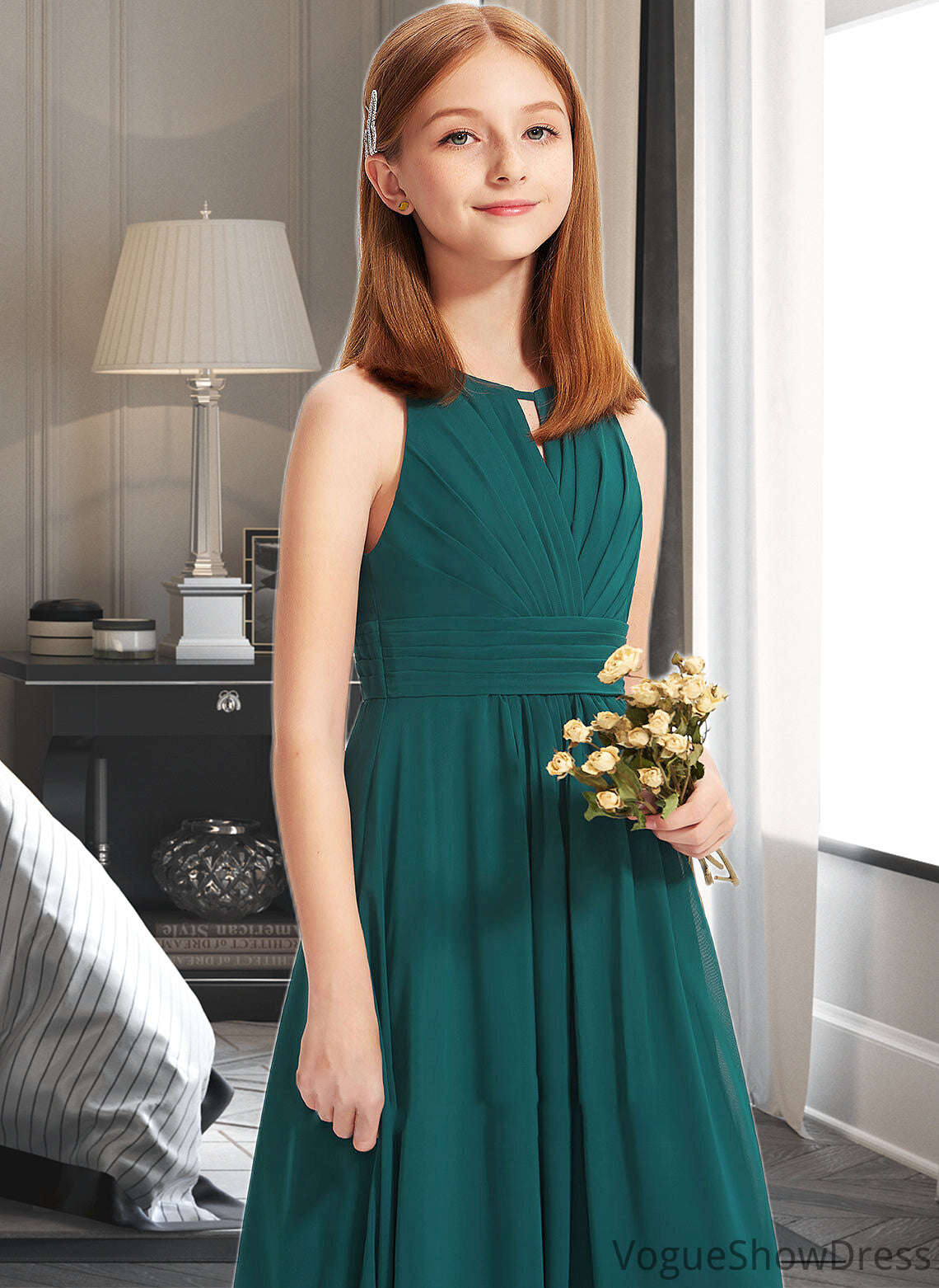 Sophie A-Line Scoop Neck Floor-Length Chiffon Junior Bridesmaid Dress With Ruffle DLP0013320