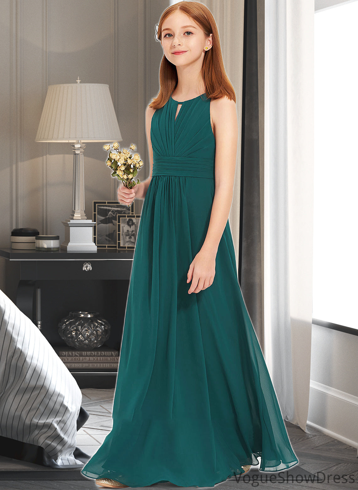 Sophie A-Line Scoop Neck Floor-Length Chiffon Junior Bridesmaid Dress With Ruffle DLP0013320