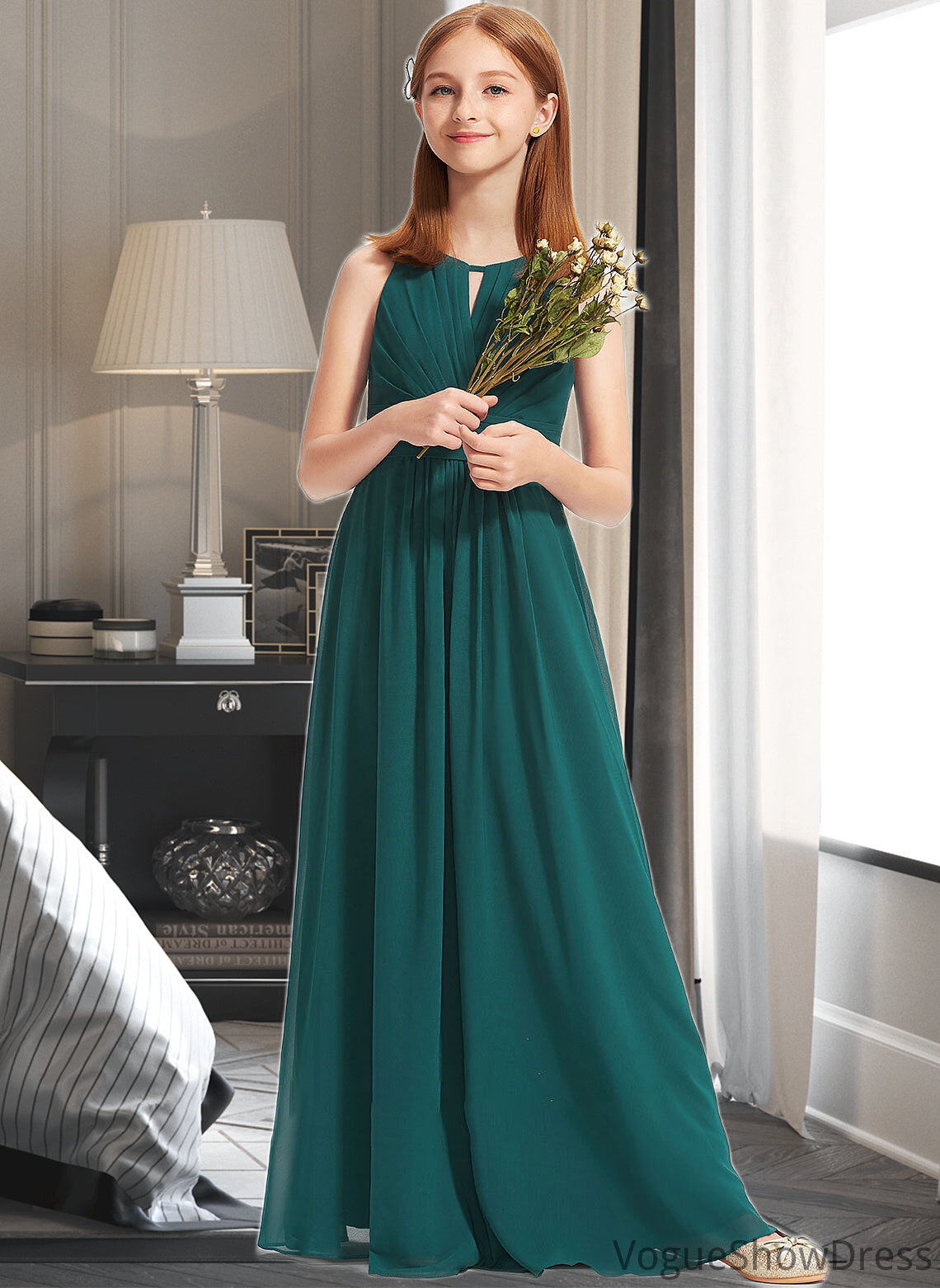 Sophie A-Line Scoop Neck Floor-Length Chiffon Junior Bridesmaid Dress With Ruffle DLP0013320