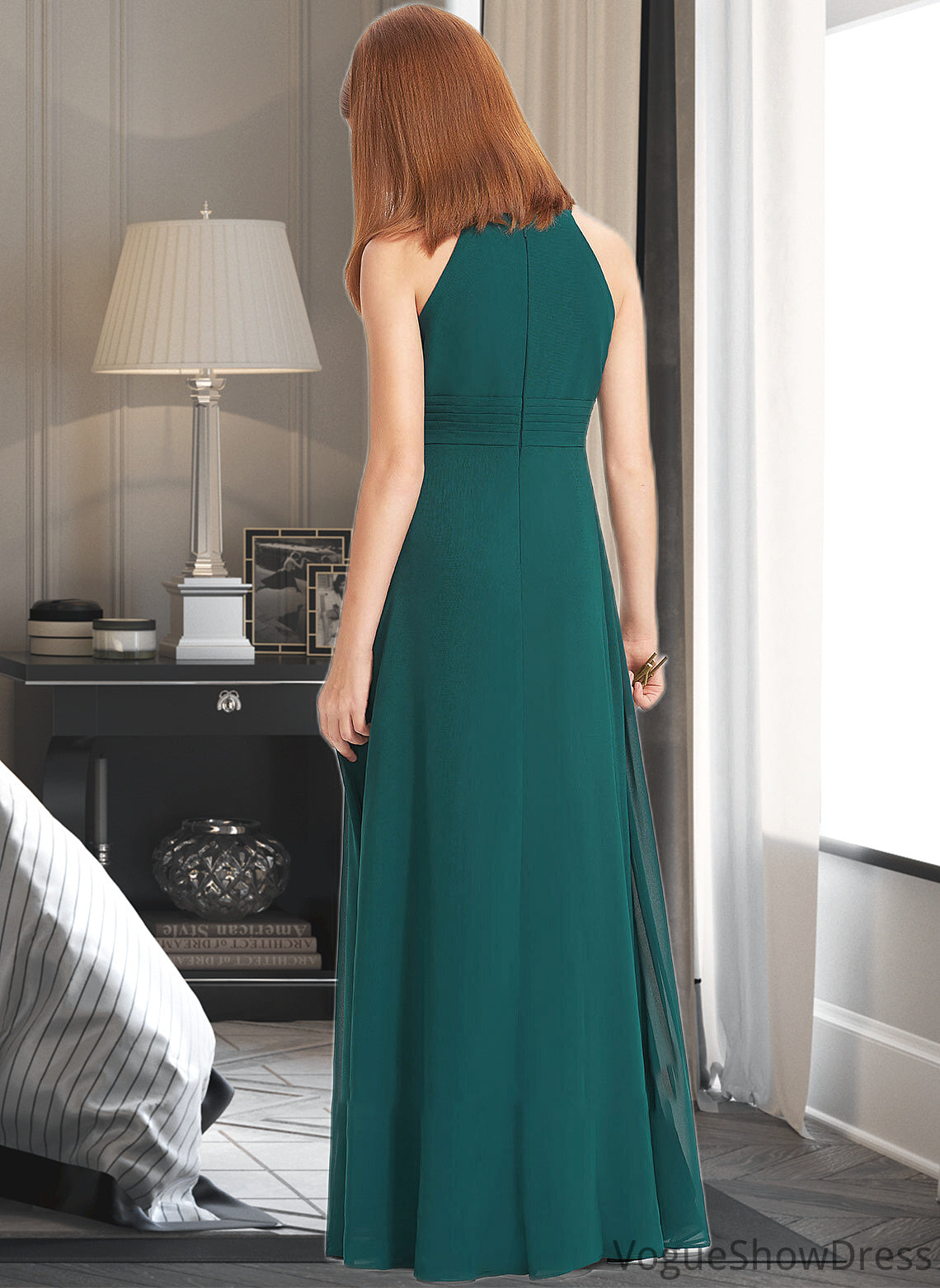 Sophie A-Line Scoop Neck Floor-Length Chiffon Junior Bridesmaid Dress With Ruffle DLP0013320