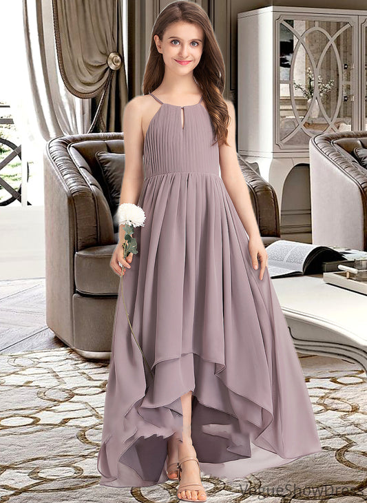 Tatum A-Line Scoop Neck Asymmetrical Chiffon Junior Bridesmaid Dress With Ruffle Bow(s) DLP0013326