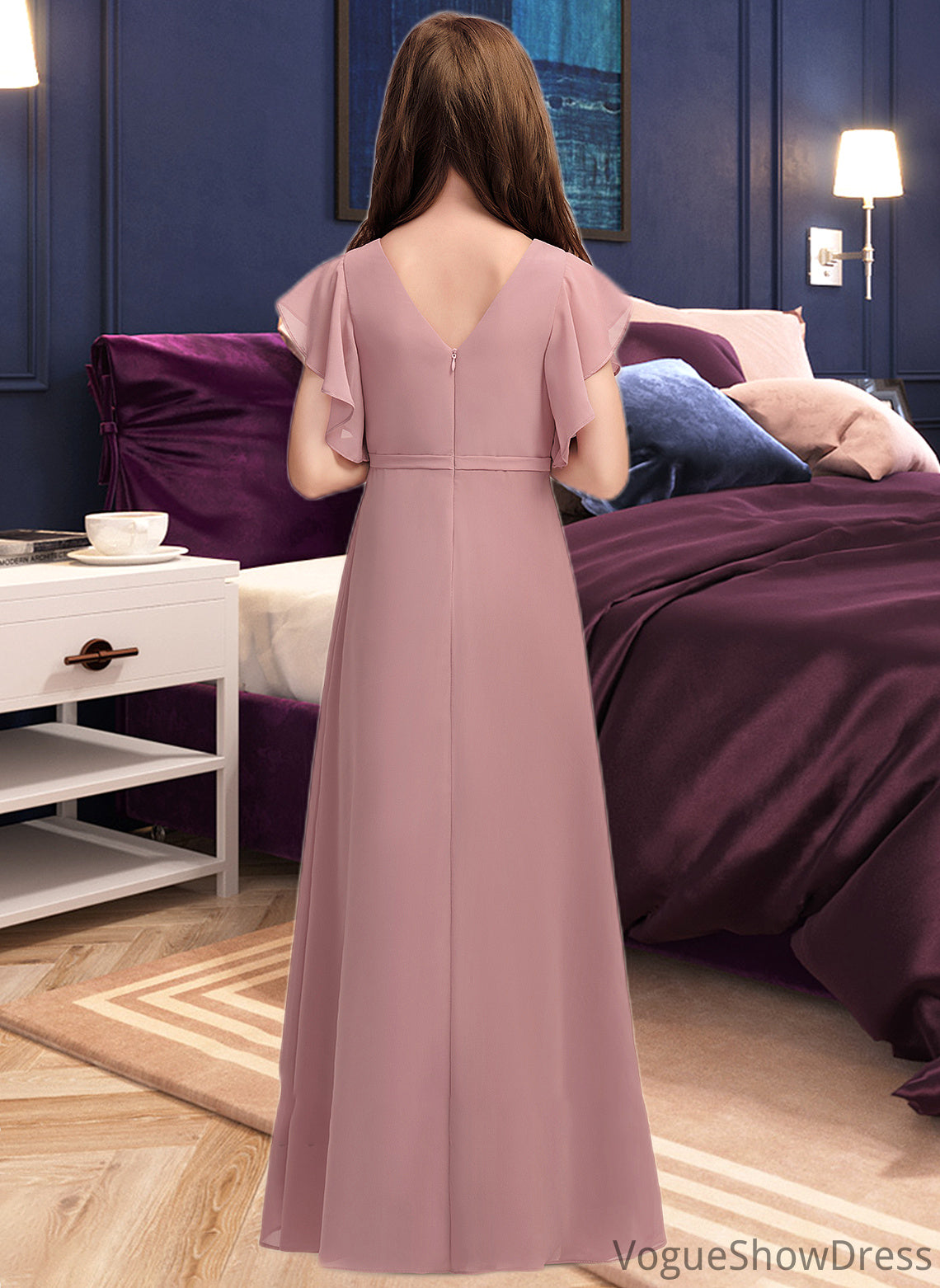 Yaritza A-Line V-neck Floor-Length Chiffon Junior Bridesmaid Dress With Cascading Ruffles DLP0013343