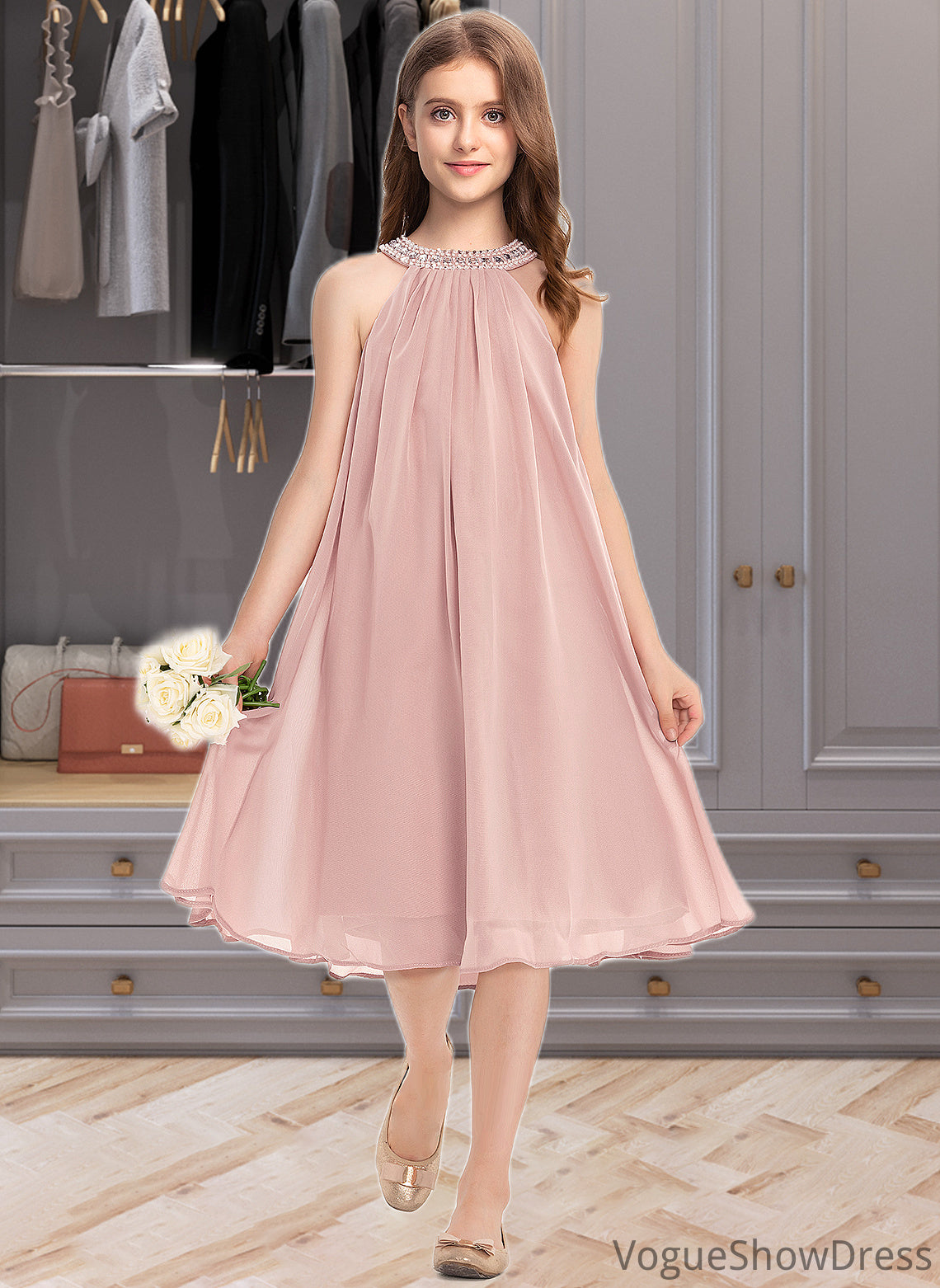 Winifred A-Line Scoop Neck Knee-Length Chiffon Junior Bridesmaid Dress With Beading Sequins DLP0013365