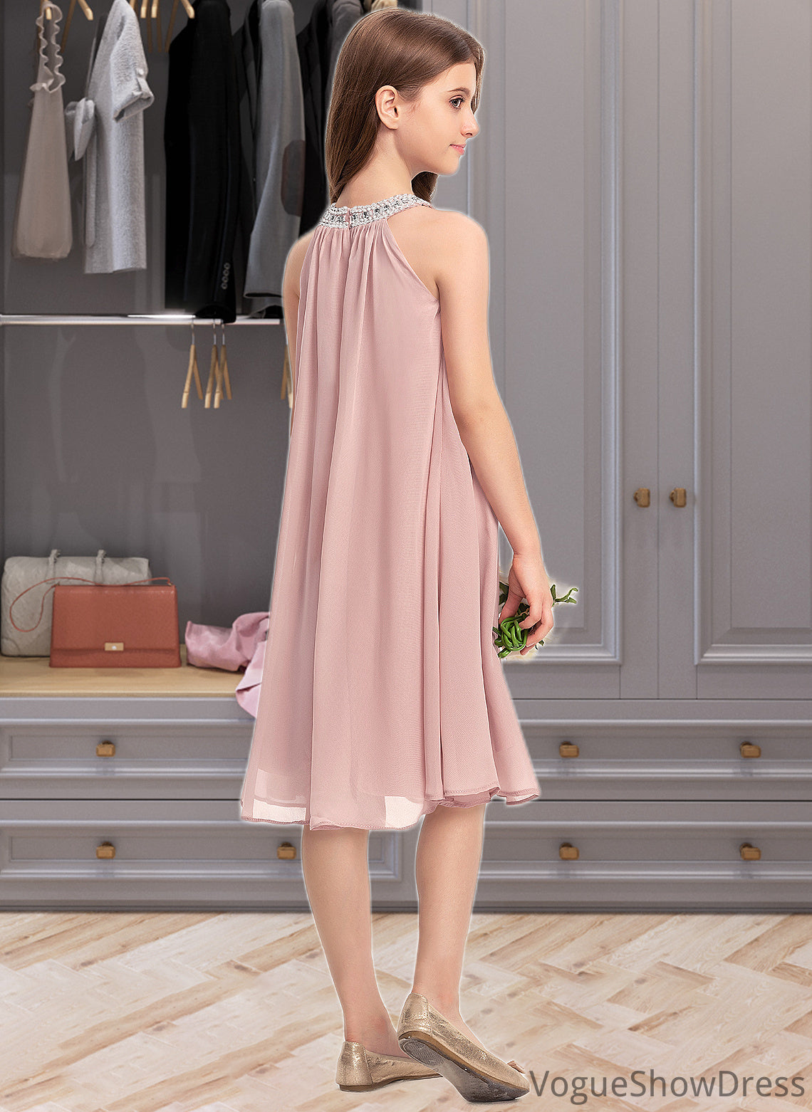 Winifred A-Line Scoop Neck Knee-Length Chiffon Junior Bridesmaid Dress With Beading Sequins DLP0013365