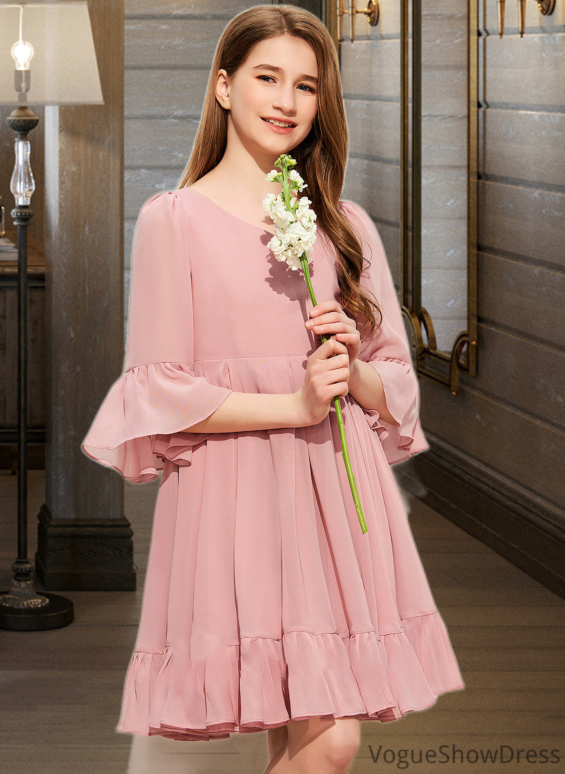 Tess A-Line V-neck Knee-Length Chiffon Junior Bridesmaid Dress With Cascading Ruffles DLP0013396