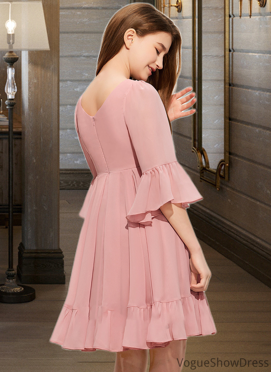 Tess A-Line V-neck Knee-Length Chiffon Junior Bridesmaid Dress With Cascading Ruffles DLP0013396