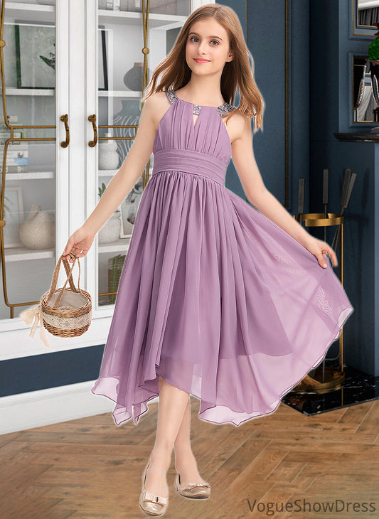 Vivian A-Line Scoop Neck Tea-Length Chiffon Junior Bridesmaid Dress With Ruffle Beading Bow(s) DLP0013406